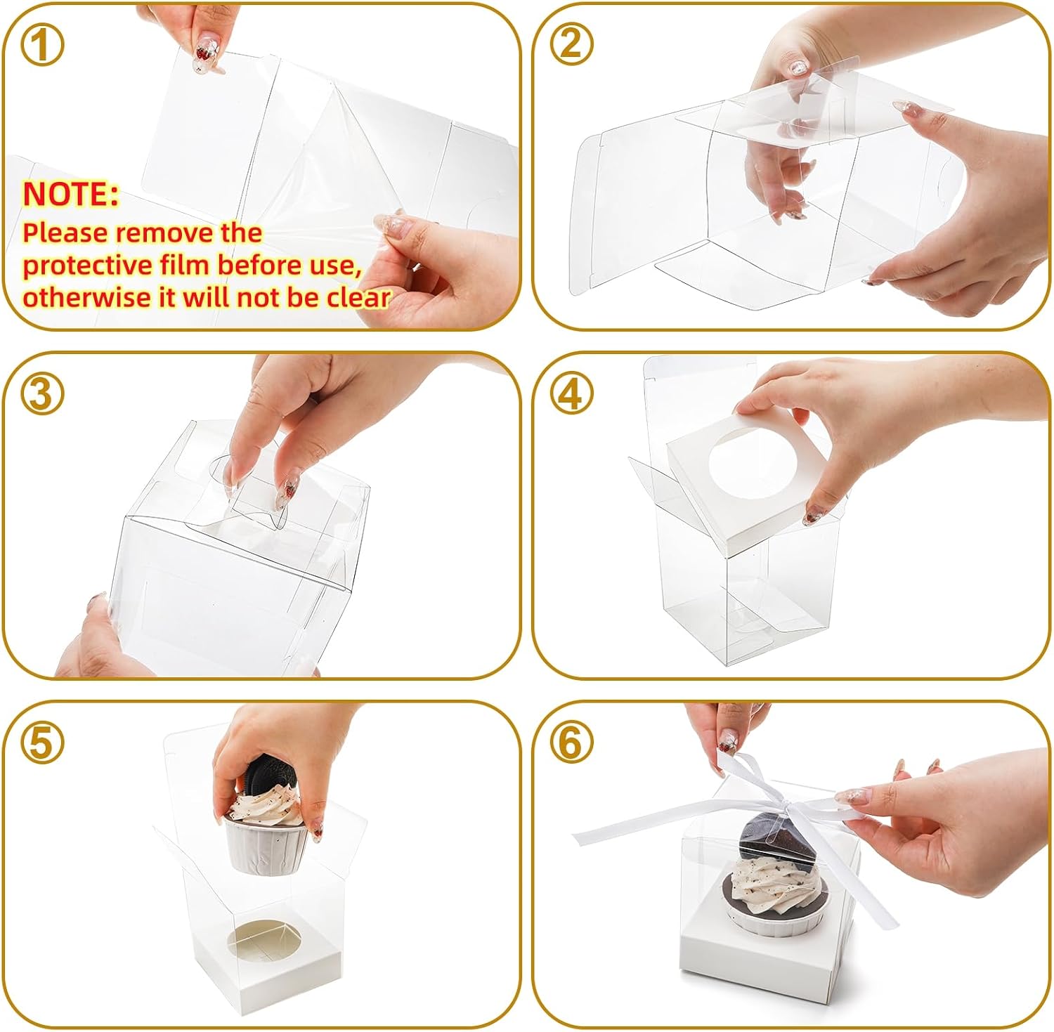 Cididu Transparente Cupcake-Box für einzelne Cupcakes, 8,9 cm, Kunststoff, Mini-Cupcake-Aufbewahrungshalter mit Bändern, Ornament, Süßigkeiten, Geschenk-Box für Party, Hochzeit, Babyparty, 50 Stück – Bild 3