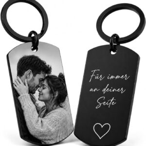 Personalised Keyring with Photo Engraving on Both Sides – Stainless Steel Pendant Black – Own Picture & Desired Text – Individual Gift for Lover, Family & Friends