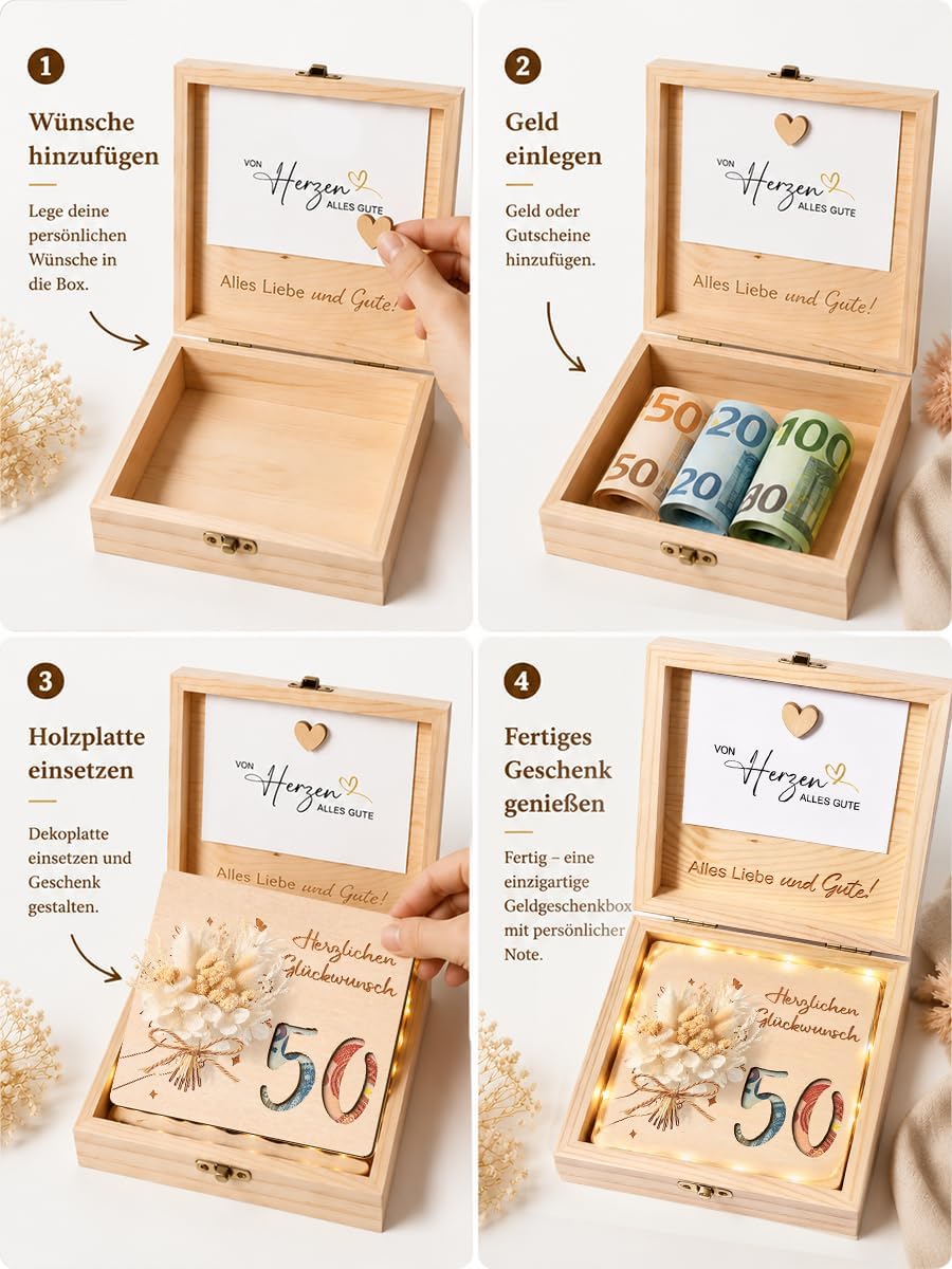 50th Birthday Wooden Money Gift with LED Fairy Lights, Gift Box for Money & Vouchers, Wooden Box with Dried Flowers and Card, 50th Birthday Gift for Women Men (50 Years) – Bild 3
