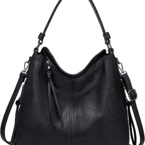 Realer Handbag Women’s Shopper Bag Tote Leather Shoulder Bag Large Shoulder Bag Woman Elegant Handbag with Tassels Removable Shoulder Strap, Black gun colour zip, l, Carry bags.