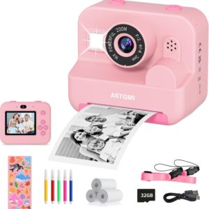 Instant Camera Children with Selfie, Children's Camera 1080P HD Instant Print of Photos, Birthday Gift Christmas 5 Gift Toy from 3 4 5 6 8 7 9 10 11 Years Girls Boys (Pink)
