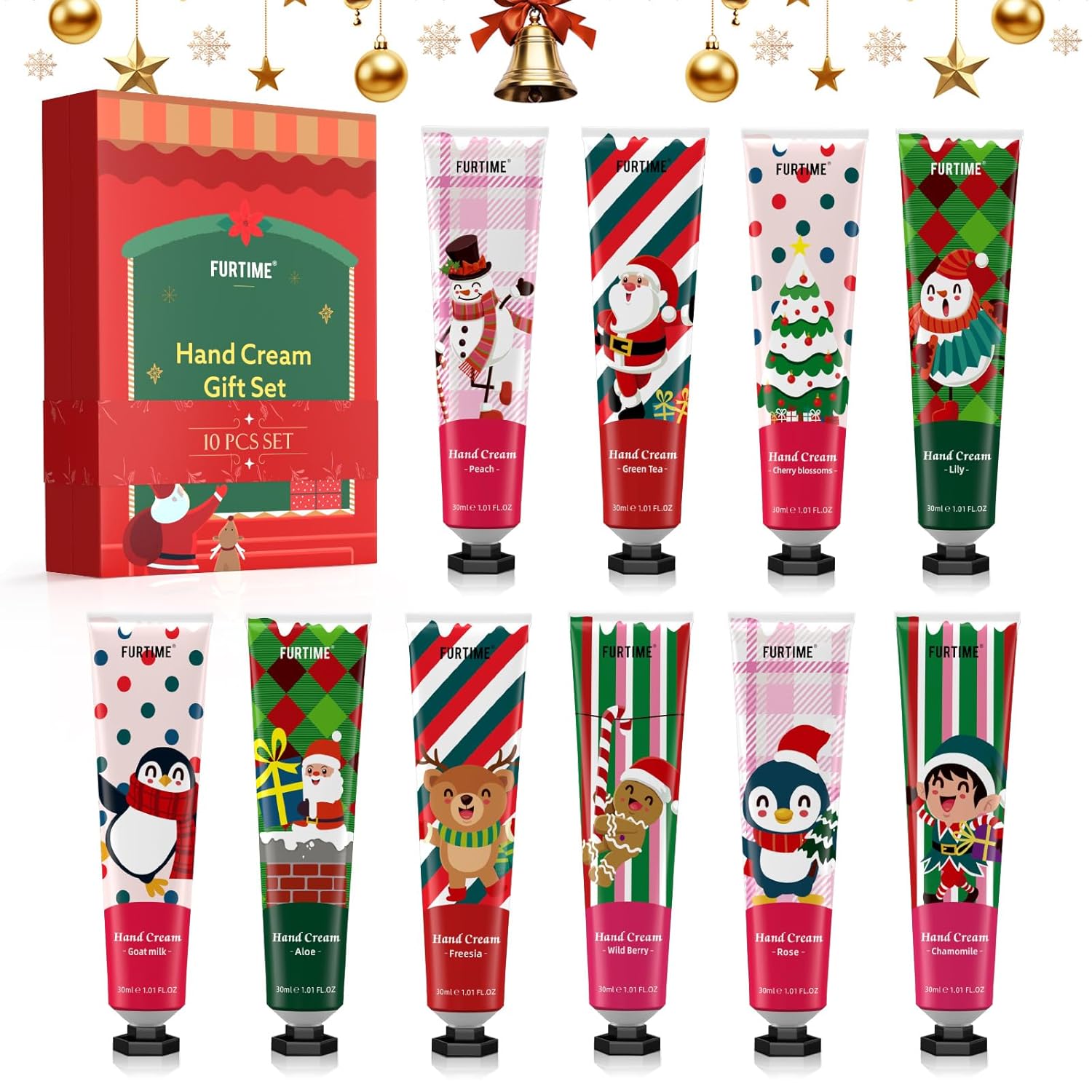FURTIME Hand Cream Mini Set, 10 Pieces Hand Cream Mini Christmas for Very Dry Hands, Christmas Gifts, Small Thank You Gifts for Women, Men, Colleagues, Child