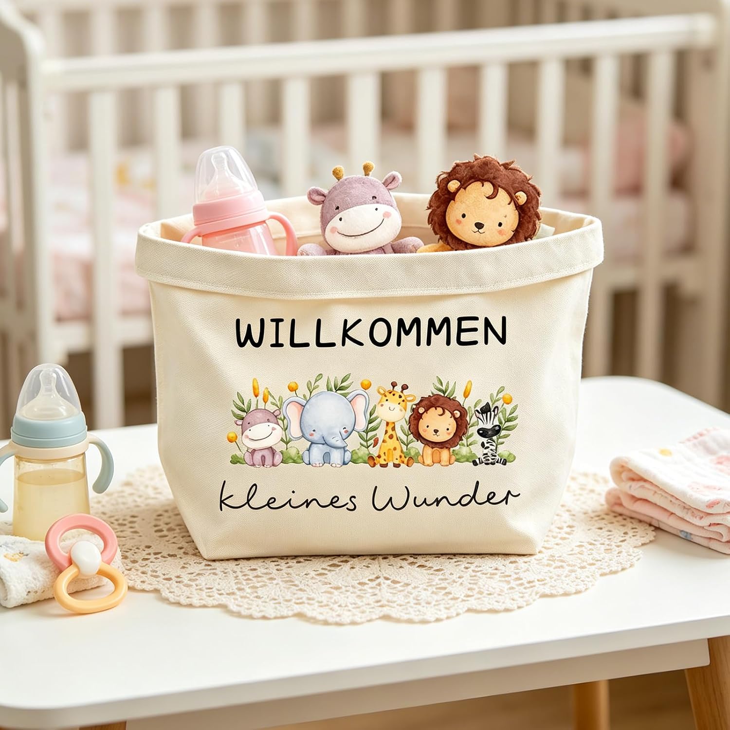 Baby Gift Storage Basket, Welcome Little Wonder 38 x 22 x 15 cm, Gift for Birth Boy Girl Fabric Basket, Baby Gifts for Birth Girl Baby Shower Christening Newborn Decoration – Bild 5