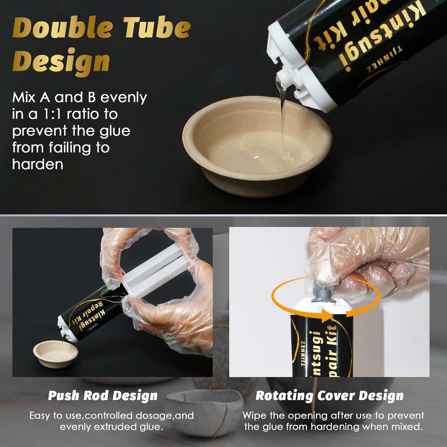 Kintsugi Repair Set - Food-Grade Porcelain Glue & Ceramic Repair Kit in Gold - Gold Glue for Ceramics, Porcelain, Glass, Jade & Sculptures - Japanese Kintsugi Art for Breakage Points – Bild 4