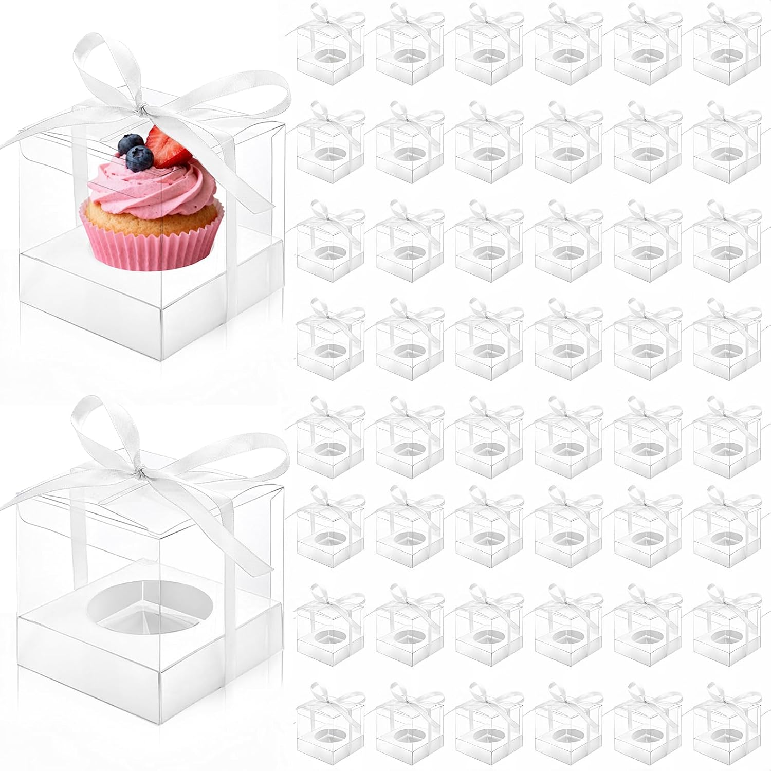 Cididu Transparente Cupcake-Box für einzelne Cupcakes, 8,9 cm, Kunststoff, Mini-Cupcake-Aufbewahrungshalter mit Bändern, Ornament, Süßigkeiten, Geschenk-Box für Party, Hochzeit, Babyparty, 50 Stück