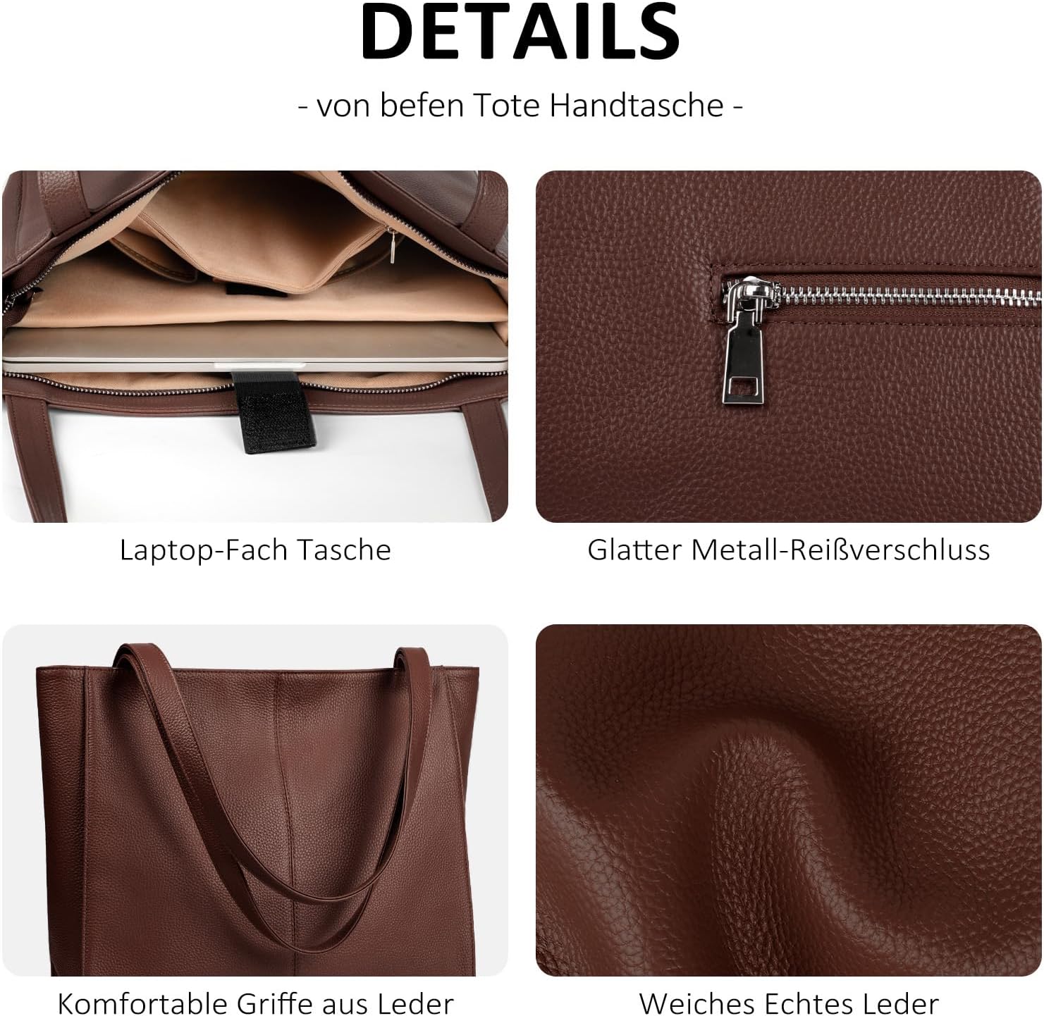 befen Genuine Leather Handbag Women's Large Shopper Bag with 14 Inch Laptop Compartment, Fashion Leather Tote Bag School Work Leisure Handbag with Zip – Bild 6