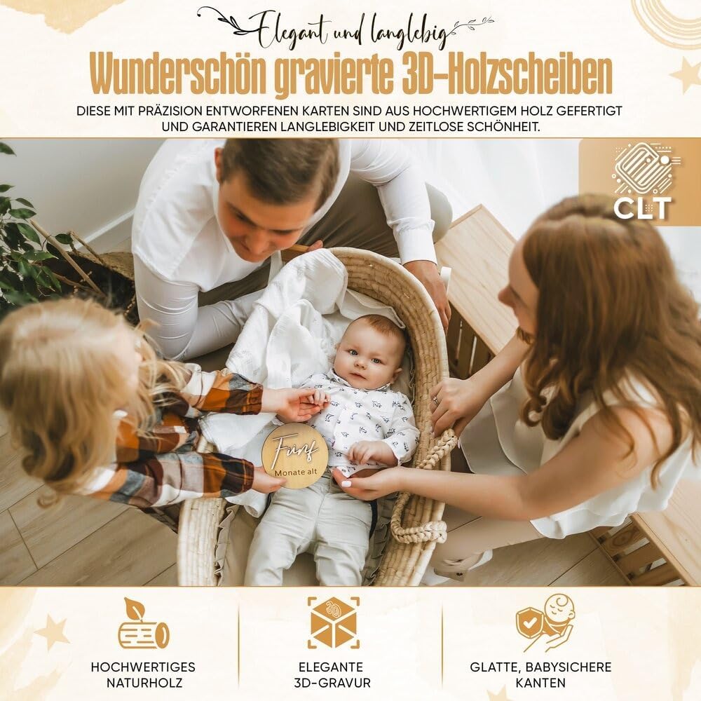 Wooden Milestone Cards Baby German – 14 Milestones on Elegant Wooden Discs with 3D Effect as a Gift in Fabric Bag Packed for Birth/Baby Shower for Pregnant Women, Expectant Mothers – Bild 6
