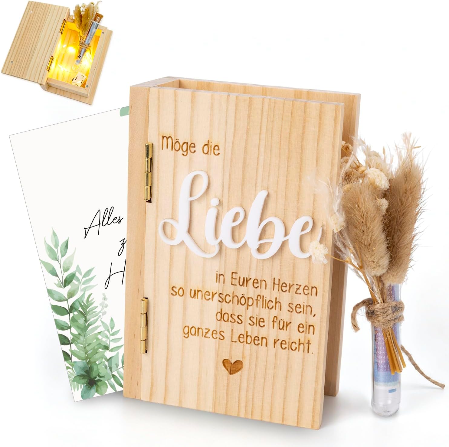 Money Gift Wedding Wooden Money Gift - Wedding Gift Wooden Box in Book Shape Creative Gift Bride and Groom Wedding Memory Box Set with Test Tube Fairy Lights Dried Flowers Greeting Cards