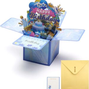 PARFCO Blue Gift Box Birthday, 3D Pop Up Card Birthday, Includes a Greeting Card and Envelope, Birthday Gift for Women, Mum, Girls, Girlfriend