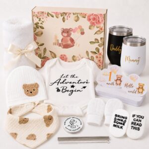 Baby Gift, Pack of 11 Newborn Gift for Birth Boy Girl Baby Gifts with 2 Cups Newborn Romper Baby Blanket Hat Socks Bib Gloves Decision Coin