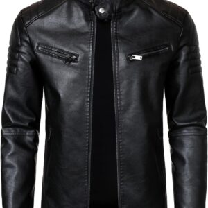 HOOD CREW Men’s Faux Leather Motorcycle Jackets Stand-Up Collar Leather Jacket Vintage Coats Outwear