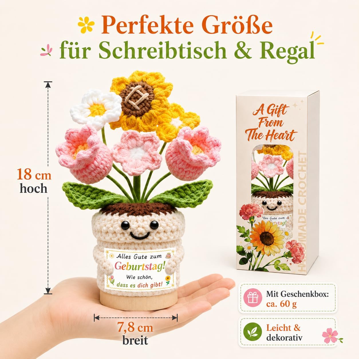 Birthday Gift for Women, Crocheted Flowers in Pot with Gift Box - Gift for Mum, Girlfriend, Sister, Grandma, Daughter & Colleague, Birthday Decoration – Bild 3