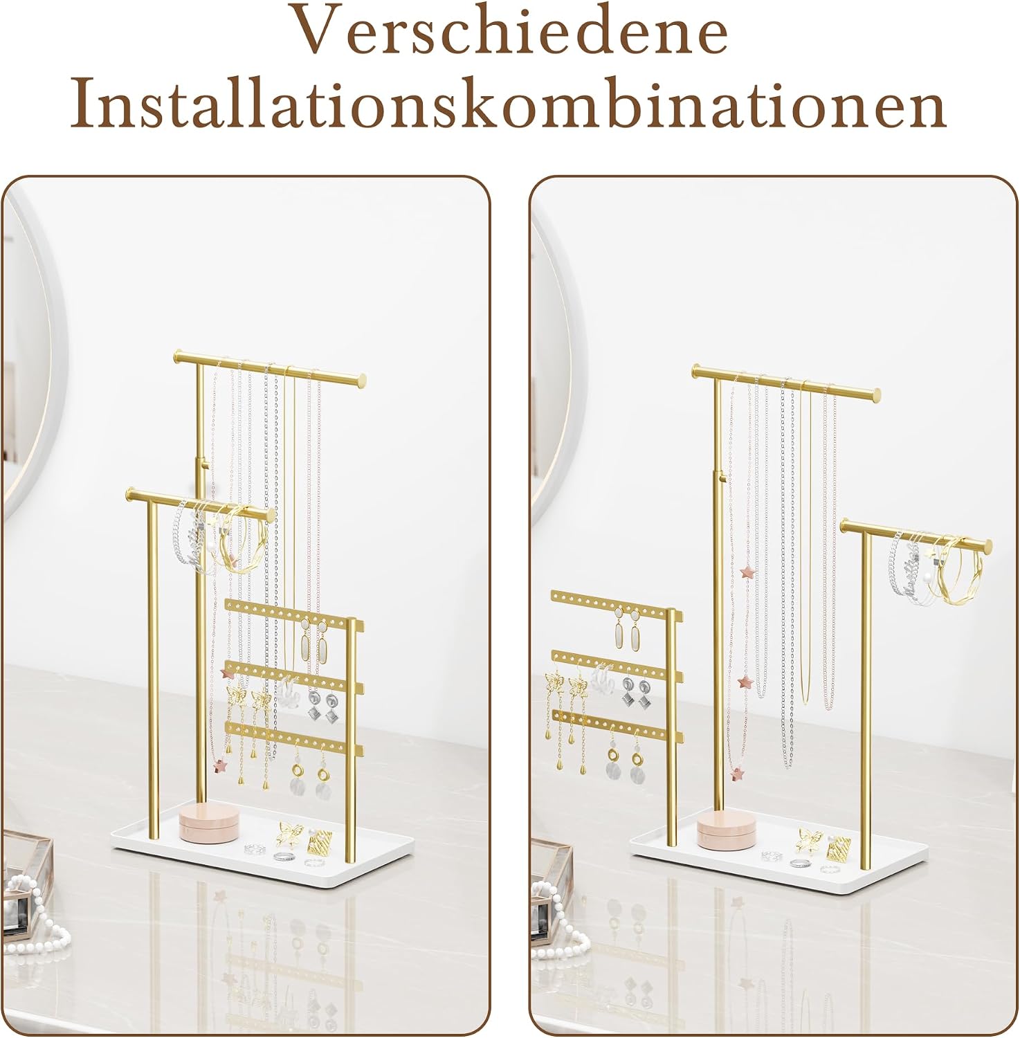 Gold Jewellery Organiser - 3 Bars Jewellery Stand, Jewellery Storage for Earrings, Bracelets, Necklaces, Perfume, Decorative Aesthetic Accessories for Dressing Table, Adjustable Angle and Height 37 cm (Max) – Bild 5
