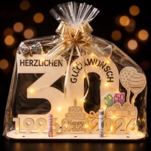 30th Birthday Women Men Money Gifts Birthday Wooden with LED Fairy Lights Wooden Sign Guest Book Gift for 30th Wedding Anniversary
