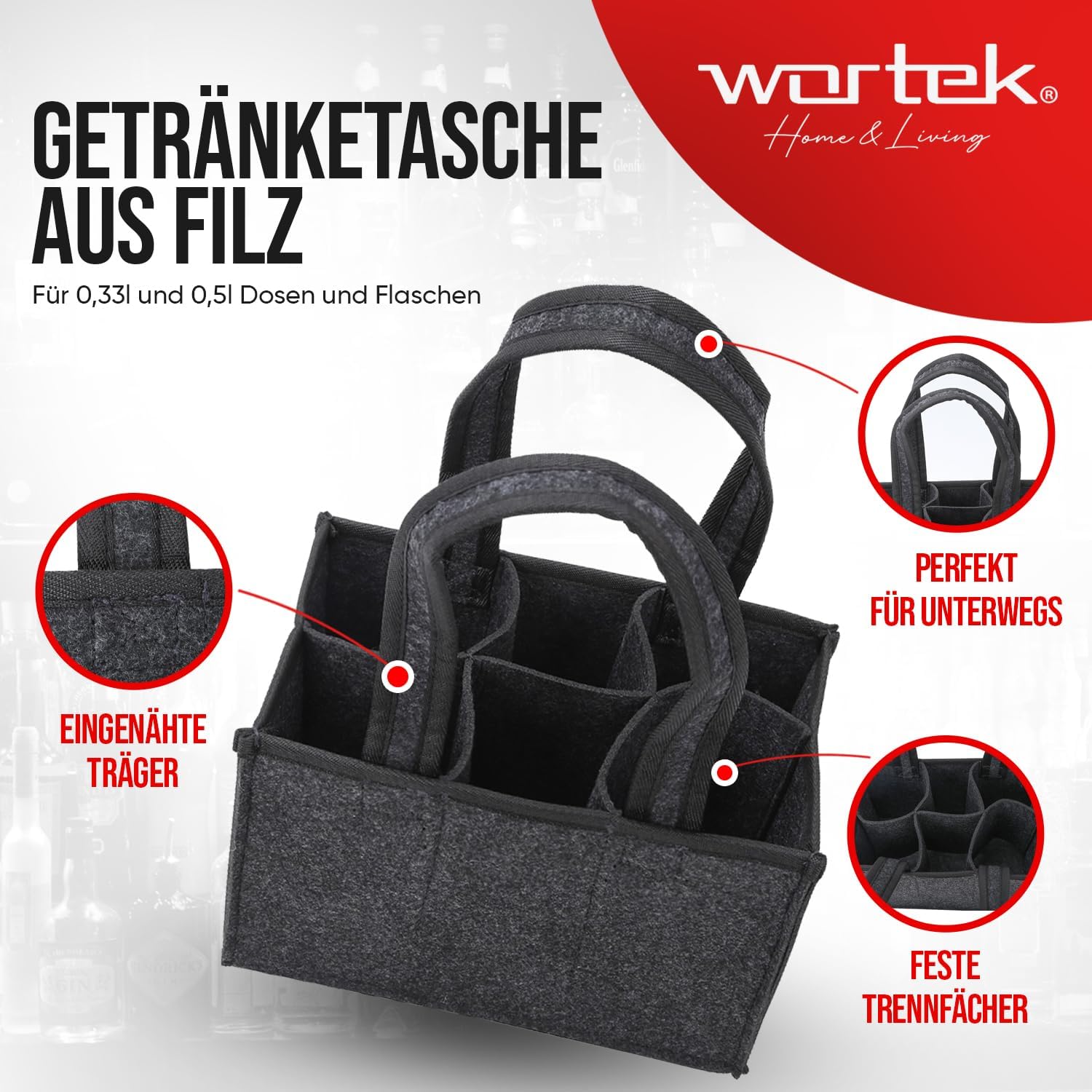 wortek Gift Set Men's Gifts - Men's Handbag Beer Made of Felt with 6 Compartments - Bottle Opener with Collection Container - Coaster Glasses Set of 6 - Funny Gifts for Men and Beer Lovers – Bild 4
