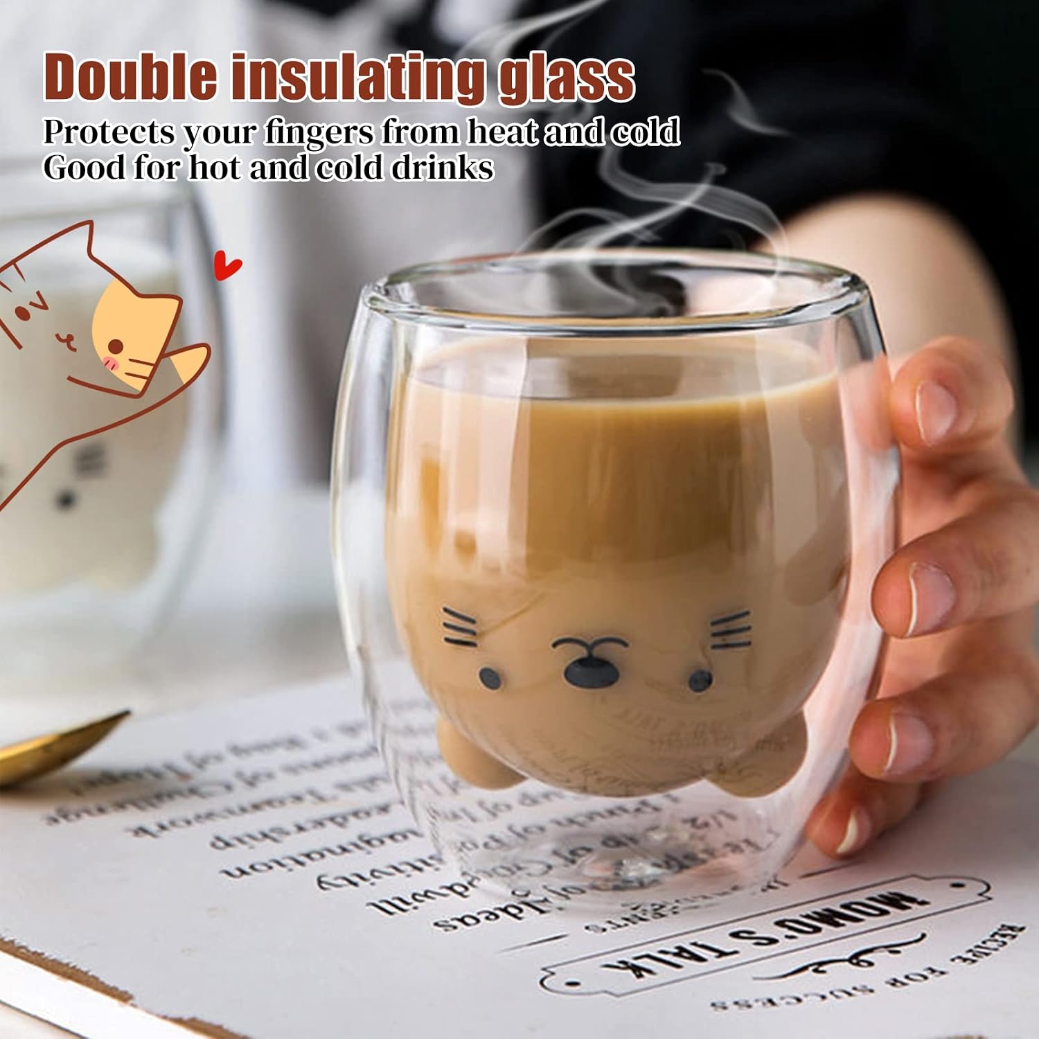 Double-Walled Latte Macchiato Glasses Set, Cute Cups Coffee Tea Glasses Drinking Glasses Coffee Glass 4 Pieces with Spoon and Coaster, Double Wall Glass Milk Cup Gift Set – Bild 2