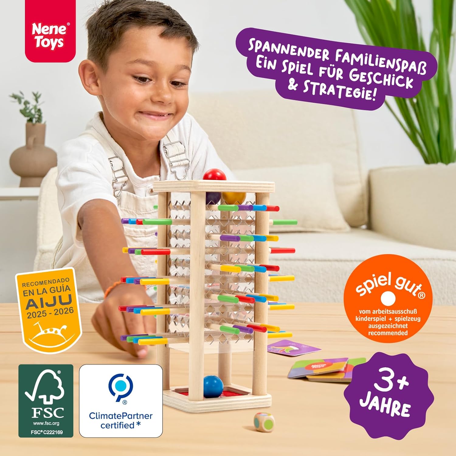 Nene Toys Ballfall, Montessori Toy from 3 4 5 6 Years - Wooden Game for Children - Educational Game with Sticks, Dice & Cards - Educational Board Game - Great Gift Girls Boys from 3-9 Years – Bild 2
