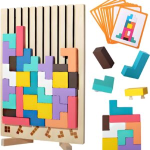 Wooden Puzzle Tetris Montessori Toy from 3 4 5 6 Years – Educational Toy to Promote Concentration & Motor Skills – 3D Logic Puzzle with Geometric Blocks – Gift Children