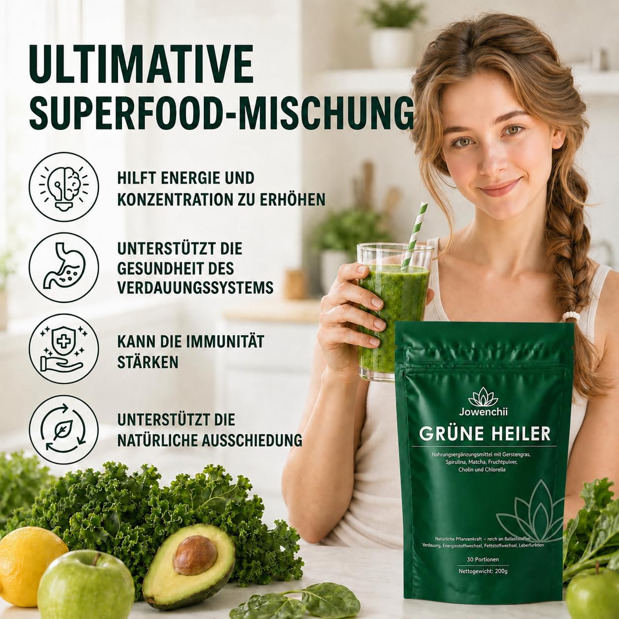 Green Detoxification Powder, 200g Green Superfood Powder Helper - Vegetable Blend with Matcha, Barley Grass, Spirulina & Wild Blueberry | Vegan Digestive & Energy Booster – Bild 4