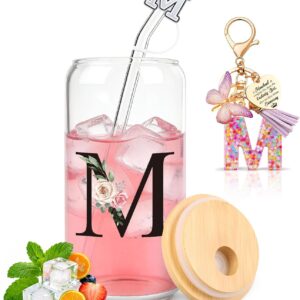 TUZELIYA M Personalised Gifts with Letters - Glass Mug with Lid & Straw + Keyring Letter, Gift for Women & Girls, Birthday, Valentine's Day