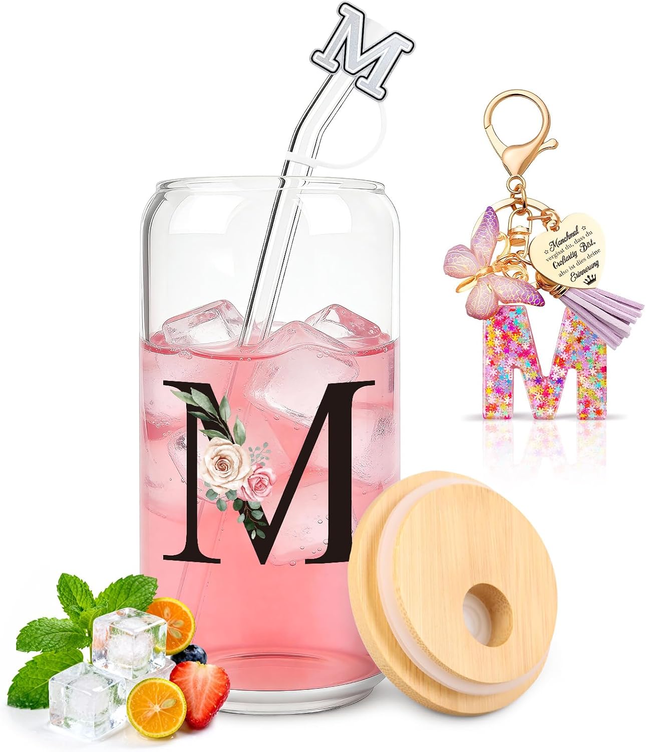 TUZELIYA M Personalised Gifts with Letters - Glass Mug with Lid & Straw + Keyring Letter, Gift for Women & Girls, Birthday, Valentine's Day
