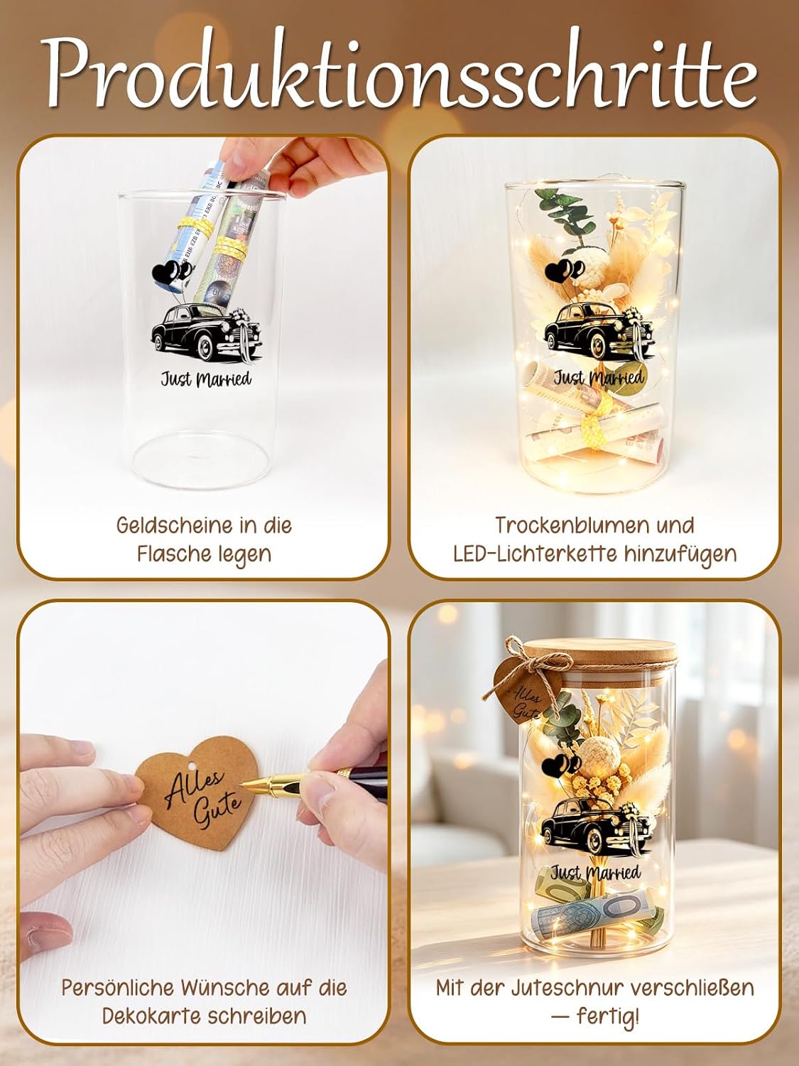 Money Gift Wedding Packaging, Wedding Car Glass Bottle with LED Fairy Lights & Dried Flowers, Wedding Gifts for Bride and Groom, Personalised Wedding Gift Packaging Wedding – Bild 8