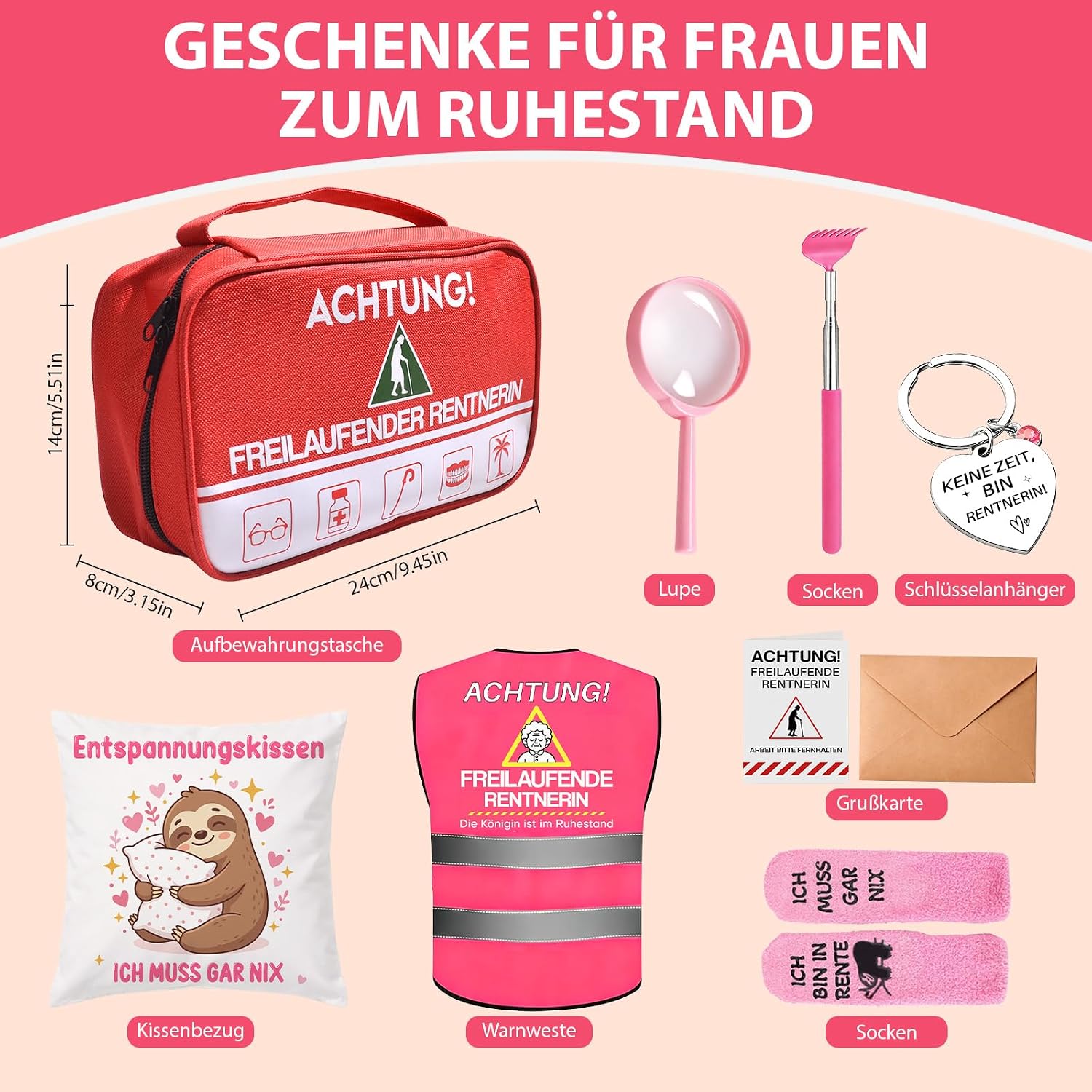 MaciRept Pensioner Gift Woman, Retirement Gift Set Woman with Greeting Card, Handbag, Magnifying Glass, Decorative Cushion Covers, Funny Socks, Farewell Gift, Colleagues, Funny Retirement Gift – Bild 3