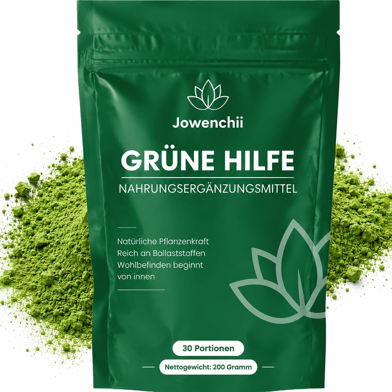 Green Superfood Powder 200 g - Vegetable Superfood Blend with Barley Grass, Spirulina, Matcha, Chlorella, Wild Blueberry & Inulin - Green Drink with Apple Flavour, Vegan & No Added Sugar