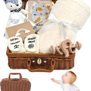 Newborn Gift, 7-in-1 Baby Gift Set for Boys Girls with Baby Blanket, Wooden Rattle with Elephant, Comforter Bib Socks in Gift Box, Baby Birth Gift, Baby Shower Party