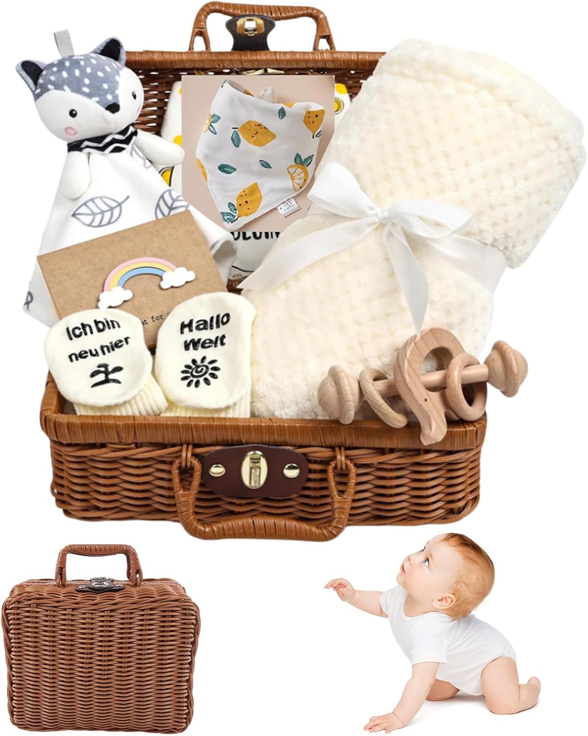 Newborn Gift, 7-in-1 Baby Gift Set for Boys Girls with Baby Blanket, Wooden Rattle with Elephant, Comforter Bib Socks in Gift Box, Baby Birth Gift, Baby Shower Party