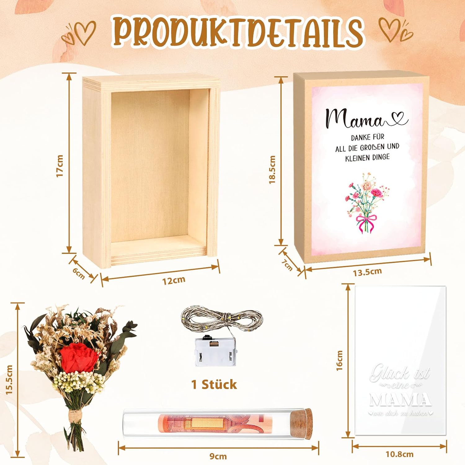 TUZELIYA Mum Gift Box, LED Fairy Lights, Test Tube, Birthday Gift for Mothers, Money Gift, Wooden Box with Engraving Glück ist elne Mama wo dich zu haber, Thank You Gift, Mother's Day – Bild 2
