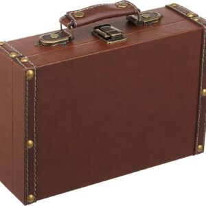 Leather storage case, vintage treasure chest with latch closure and handle, storage box in suitcase design, faux leather ottoman in country house style, as a storage bench for living room, bedroom