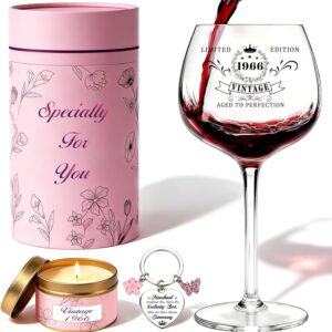 TUZELIYA 60th Birthday Gifts for Women - 1966 Vintage Wine Glass with Gift Box Scented Candle Keychain - 60th Birthday Decorations for Wife Best Friend Mom Coworker Sister