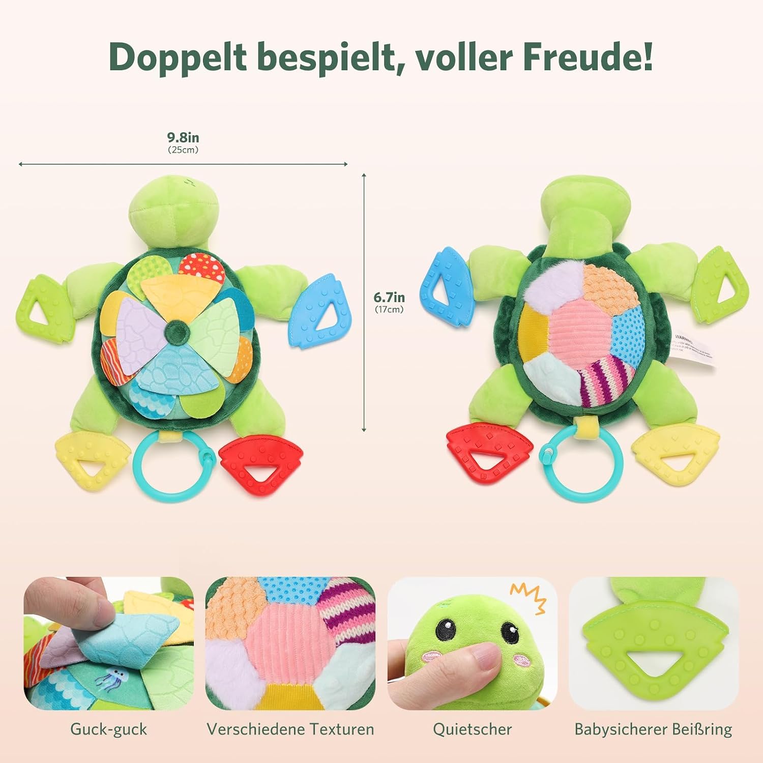 6 in 1 Baby Toy Montessori Toy Baby Turtle Cuddly Toy with Grasping Toy Rattle Toy, Baby Sensory Toy 0-3 3-6 Months, Newborn Boy Girl Gift – Bild 2