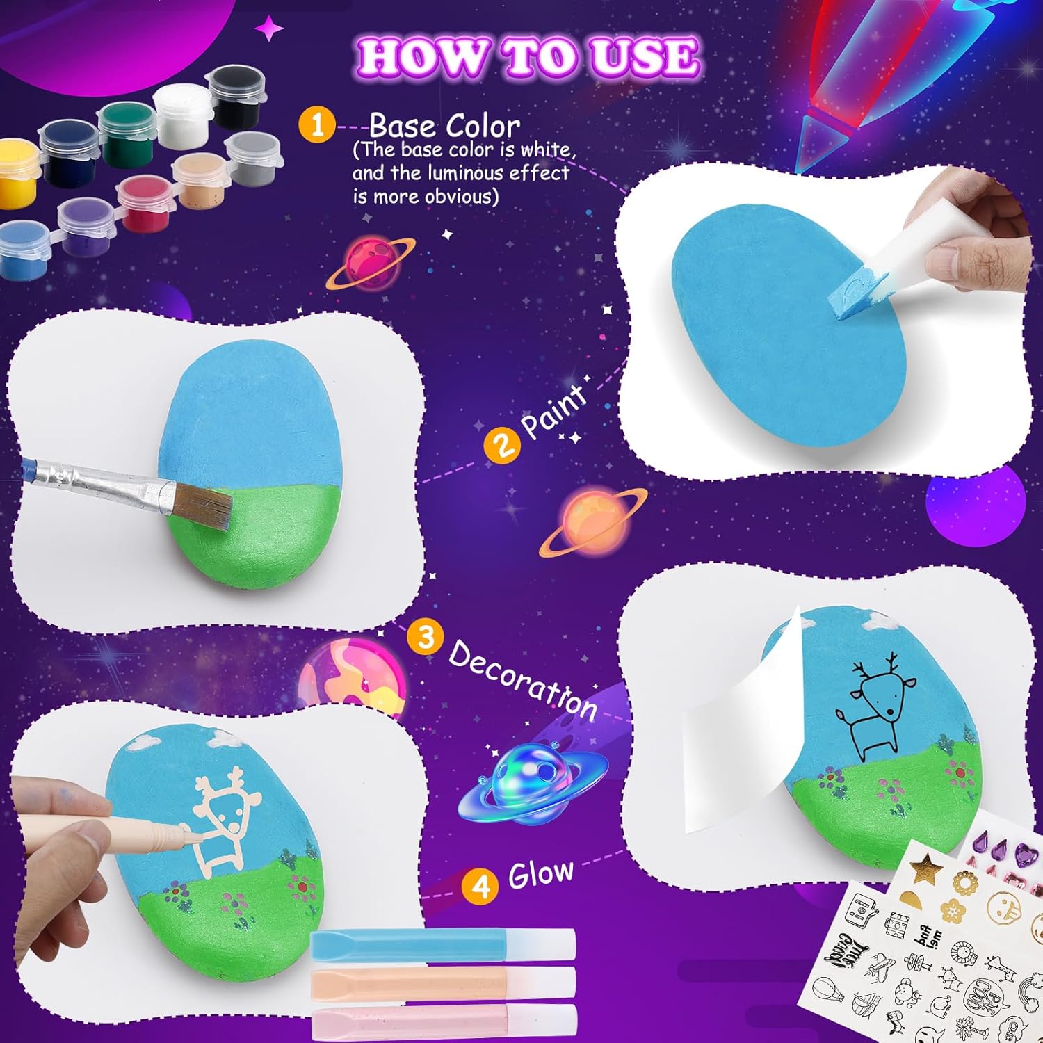 Stones for Painting, Craft Set Children from 5 6 7 8 9 10 Years Gift Girls 6-12 Years Crafts Girls 6-9 Years Easter Gift 12 Pieces Stones Painting Set with 20 Colours (Colour Glows in the Dark) – Bild 3