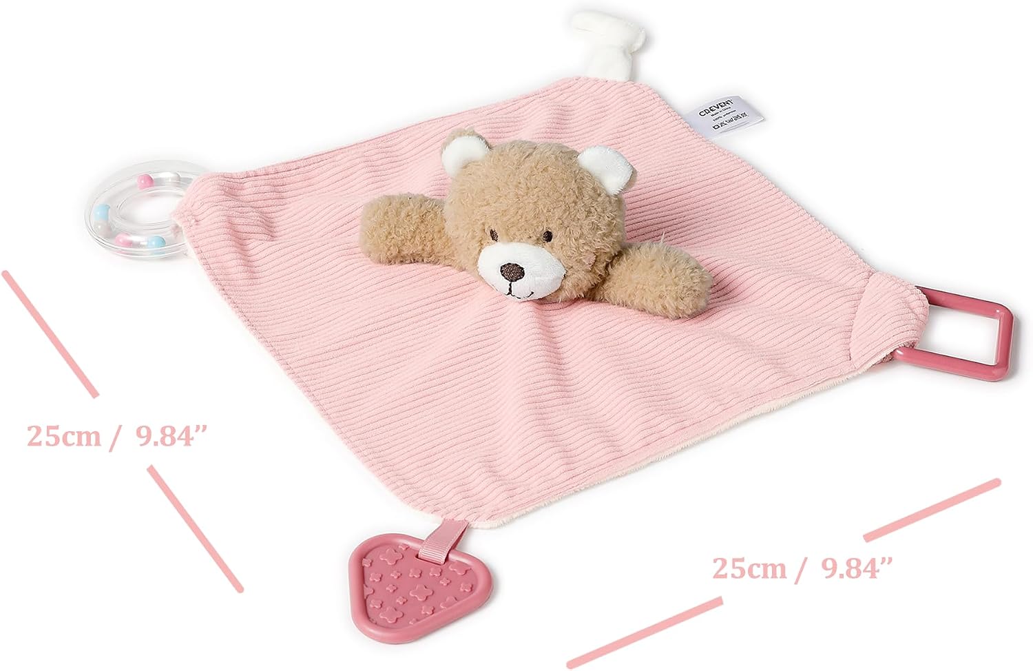 CREVENT 3-in-1 Baby Cuddle Blanket with Teether & Rattle | Plush Buyable Animal Head Safety Blanket Birthday Gift - Pink Bear – Bild 2