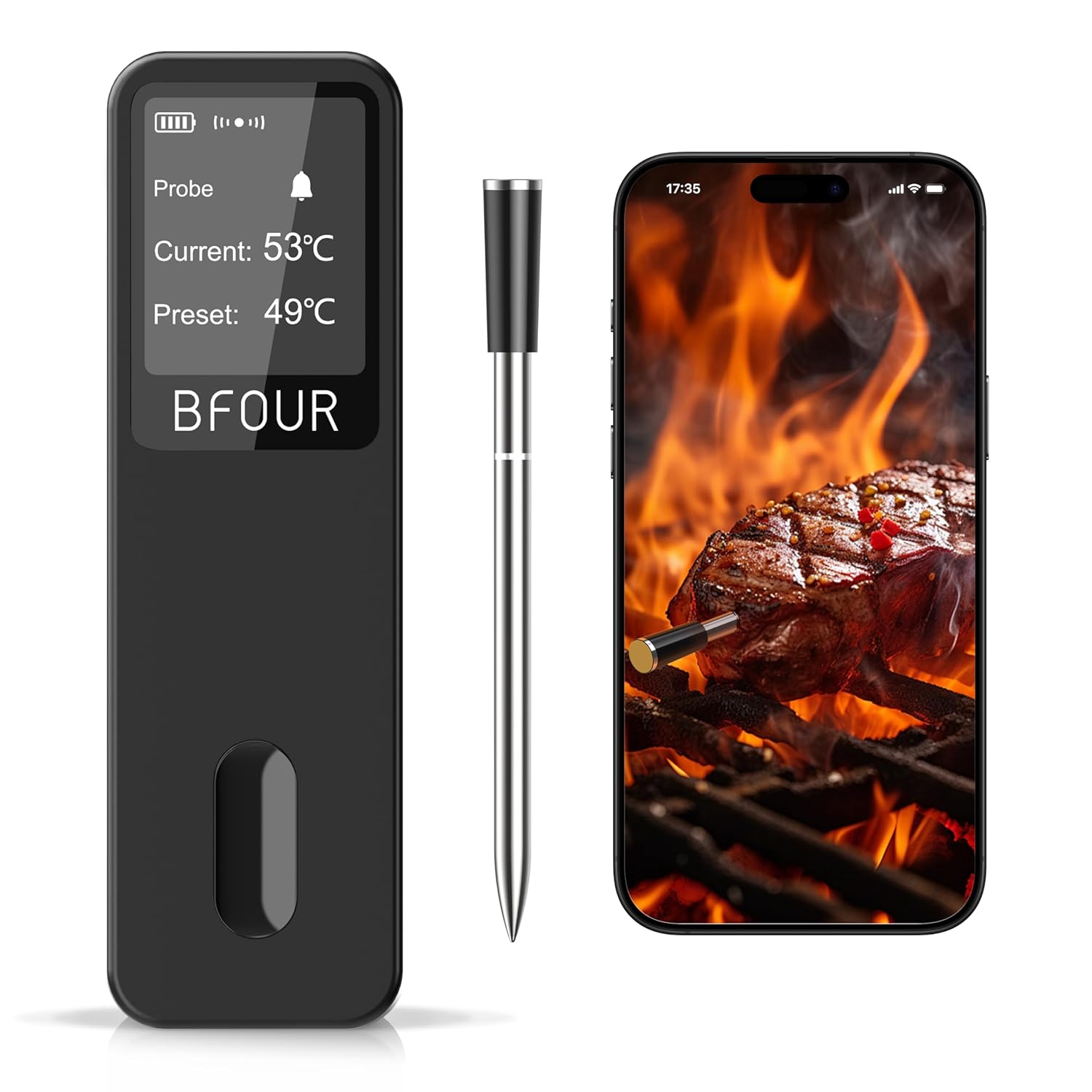 BFOUR BF-30 PRO Meat Thermometer Wireless Bluetooth Grill Thermometer with App Connection, LCD Display, IP67 Waterproof, Roasting Thermometer for BBQ, Oven, Grill, Kitchen