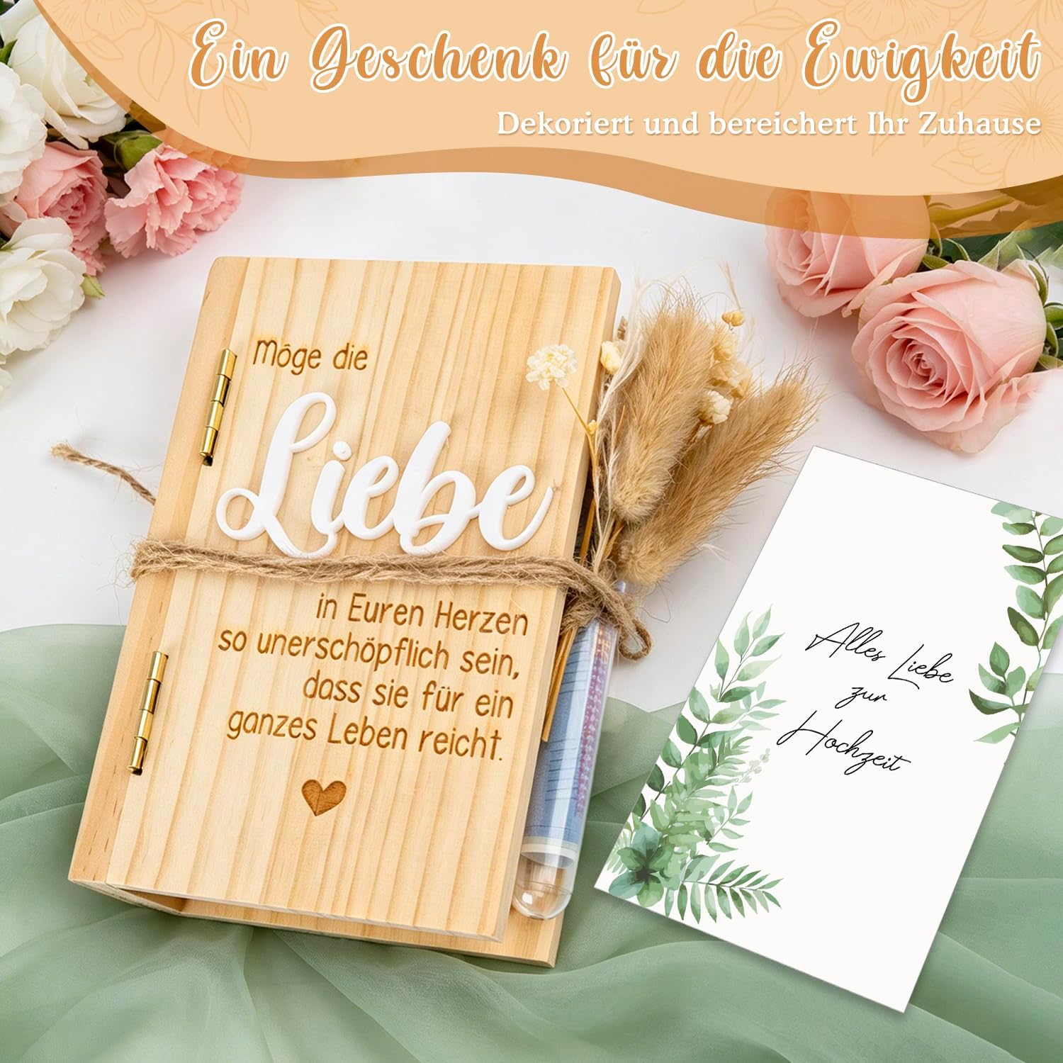 Money Gift Wedding Wooden Money Gift - Wedding Gift Wooden Box in Book Shape Creative Gift Bride and Groom Wedding Memory Box Set with Test Tube Fairy Lights Dried Flowers Greeting Cards – Bild 3
