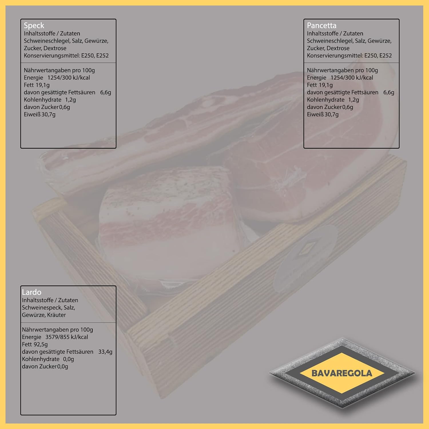 BAVAREGOLA "Speck Kistl" Gift Box with 3 South Tyrolean Bacon Specialities - Gift Basket Filled with Bacon, Lardo & Pancetta by Viktor Kofler/Lana - Enjoyment Gift for Men and Women – Bild 6