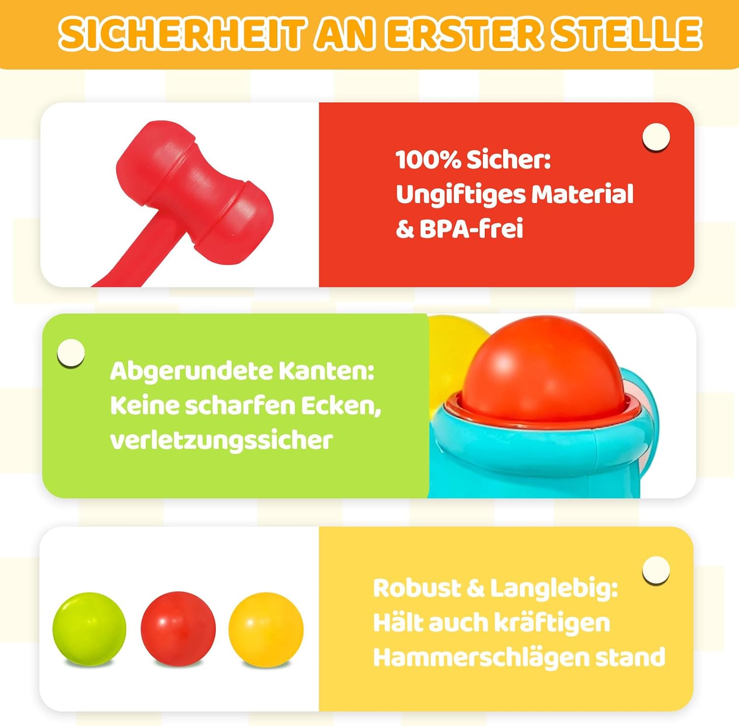 DQMOON Montessori Toy from 1 Years, Montessori Motor Skills Toy with Hammer and 3 Balls, Knocking Game for Children 1 2 Years, Baby Toy to Promote Fine Motor Skills, Educational Toy Boys Girls – Bild 4