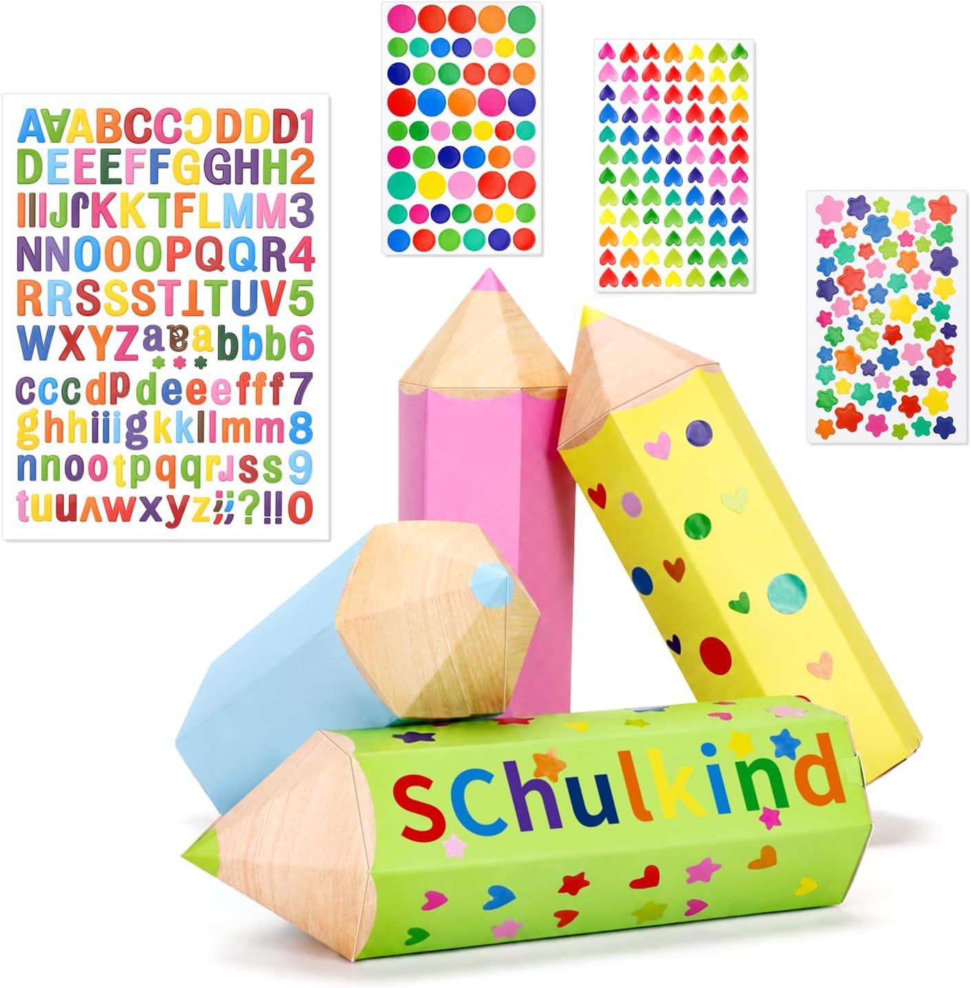 Pack of 12 Small School Cones, School Gift Box in Pencil Shape, Includes 4 Sheets of Stickers, Gift Bag for Girls and Boys