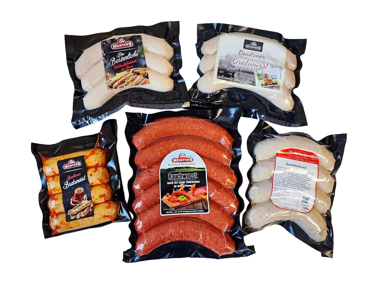 MEISTER'S Grill Package Bratwurst, Cheese Sausage, Smoked Sausage Debrecziner, BBQ Bratwurst without Bowels, Christmas Market Barbecue Sausage, Rusted Sausage in Food Package for Grilling and Roasting