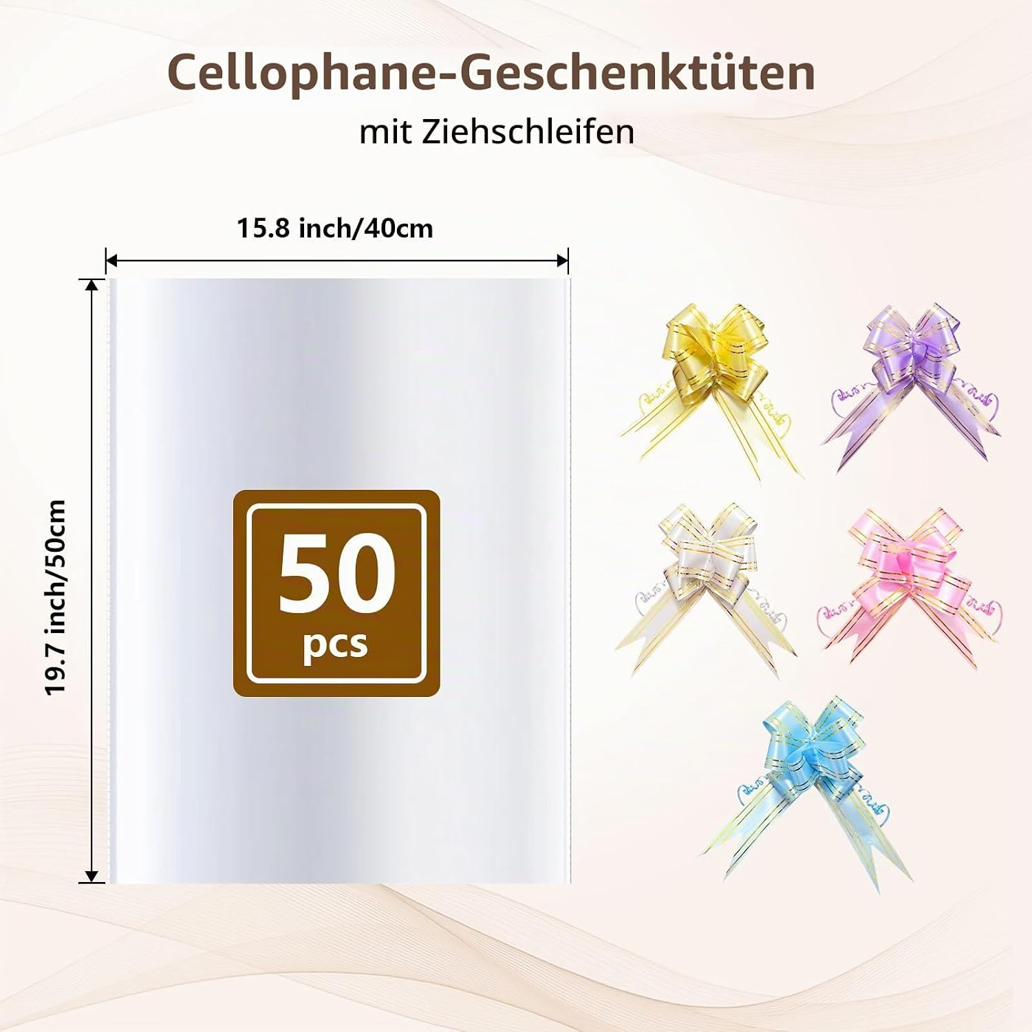 Boensi Pack of 50 Cellophane Bags with Bows, 40 x 50 cm, Clear Gift Bags for Gift Baskets, Halloween, Easter, Christmas, Fruit Baskets and Gift Wrapping – Bild 2