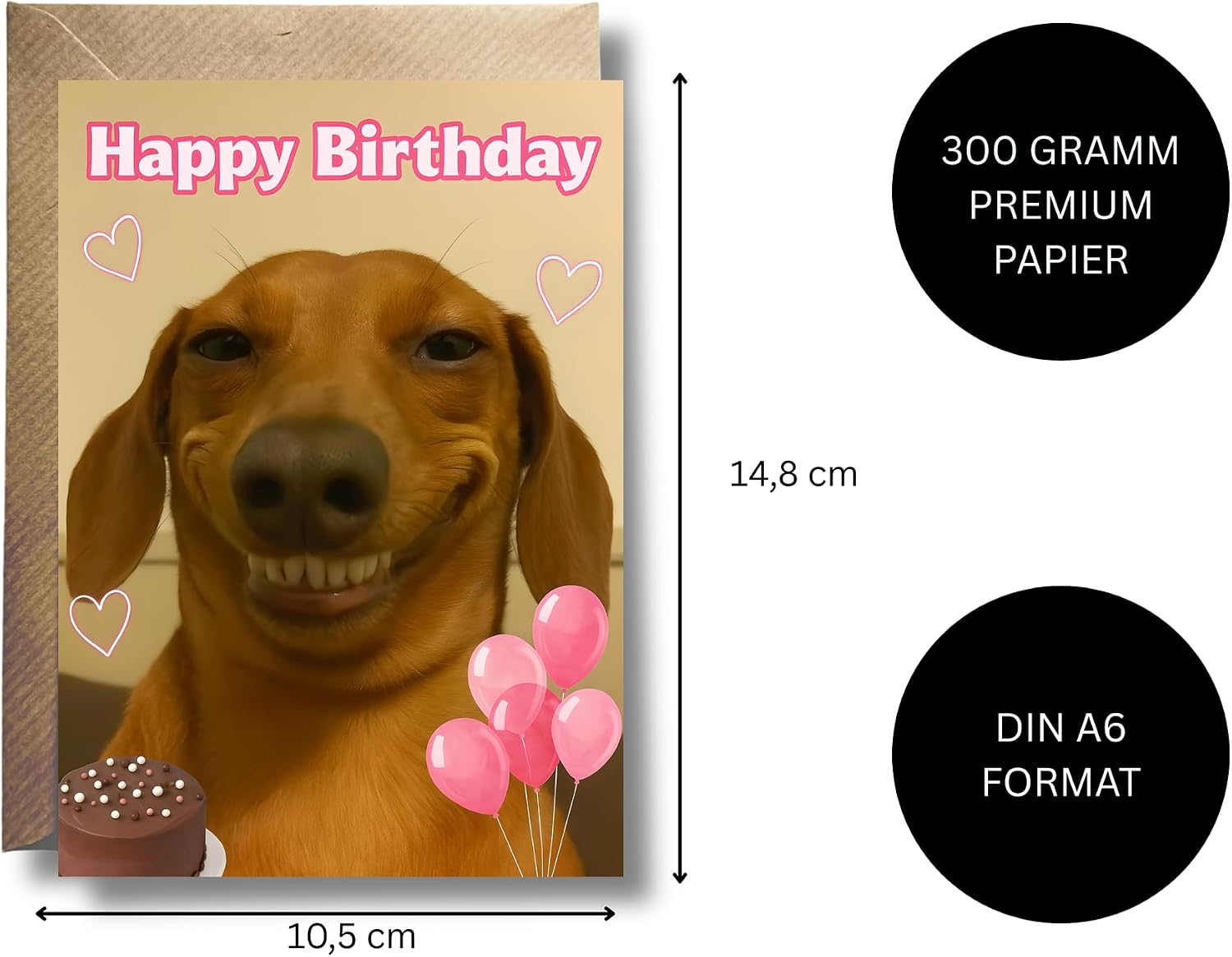 WBdesignz Funny Birthday Card with Envelope - with Happy Dachshund, Pink Balloons & Chocolate Cake - Humorous Greeting Card for Dog Owners, Friends & Family for Birthday (A6) – Bild 2