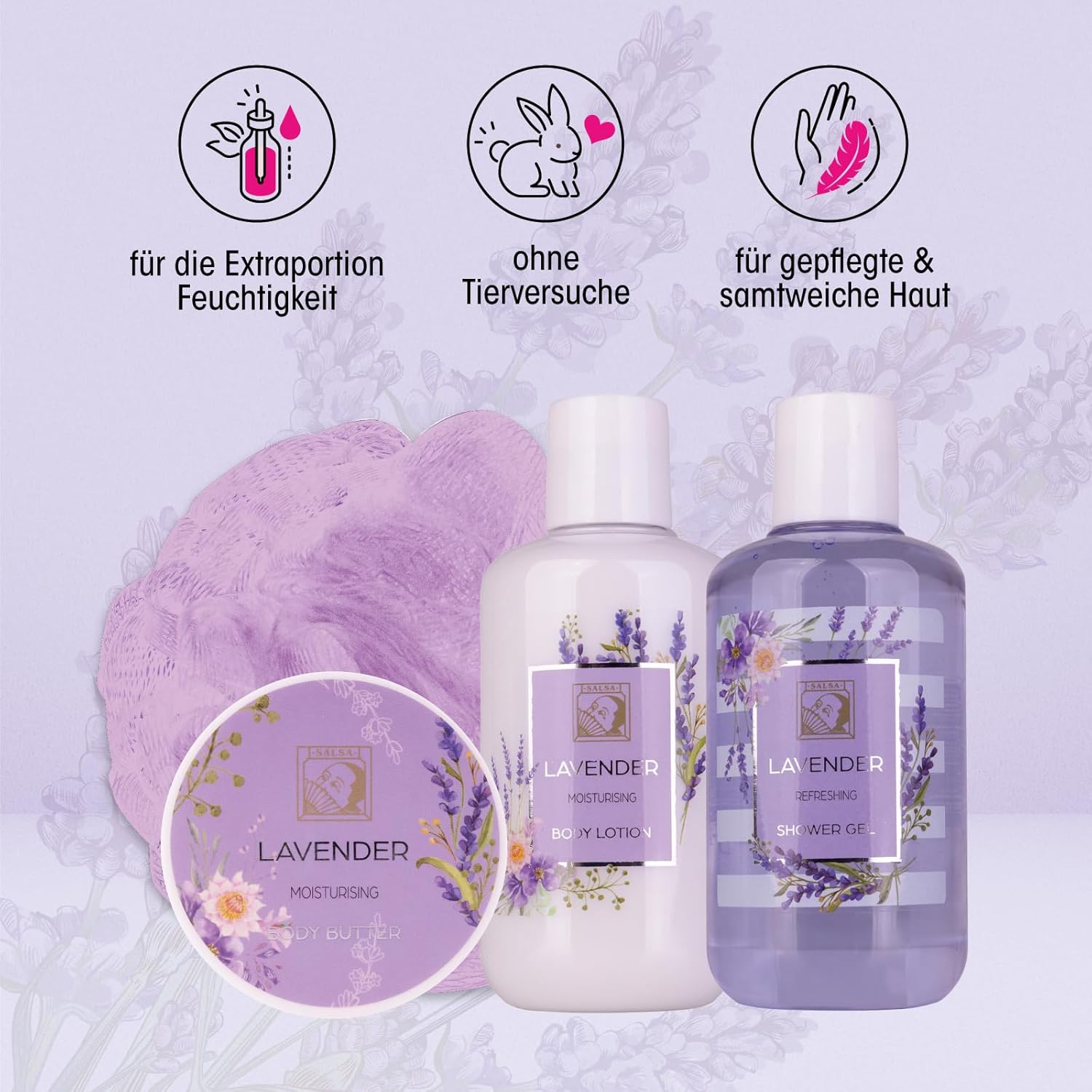 Accentra Shower Set Women Gift Set Lavender in Beautiful Gift Box - 4-Piece Care Set with Shower Gel, Body Lotion, Body Butter and Mesh Sponge - Gift Set for Valentine's Day & Mother's Day – Bild 3