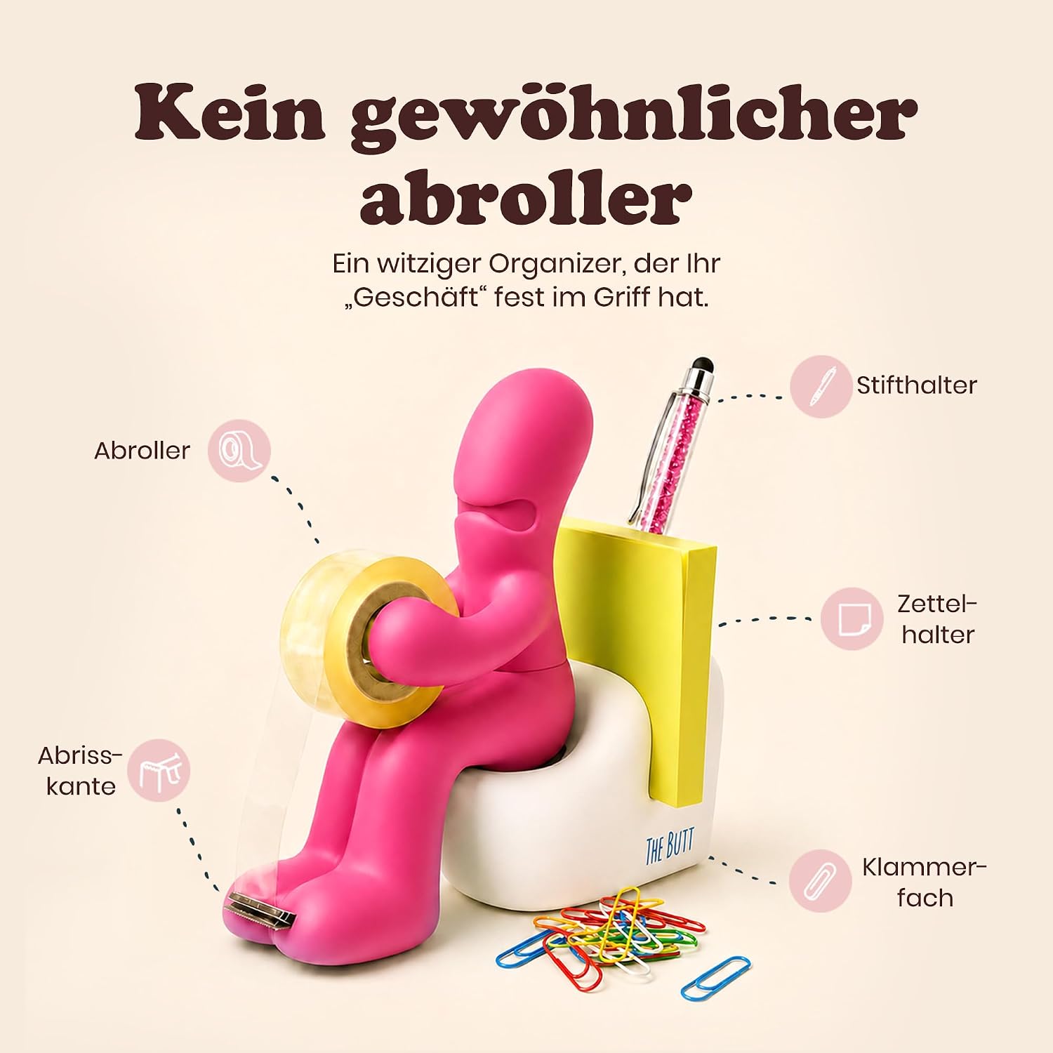 The Butt | Tape Dispenser and Supply Station | Funny Accessory for Office, Home or School | Fun Novelty Desk Tidy and Desktop Notepad Holder Includes Paper Clips, Notes and Pen | Ideal Present (Pink) – Bild 2