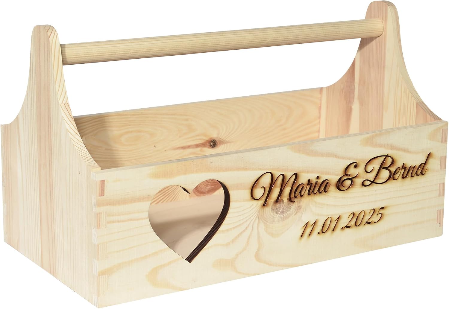 Wedding Gift Basket Personalised with Heart Name Date 34 x 18 x 20 cm Natural Wooden Box Gift Idea Gift Basket Wedding Gift
