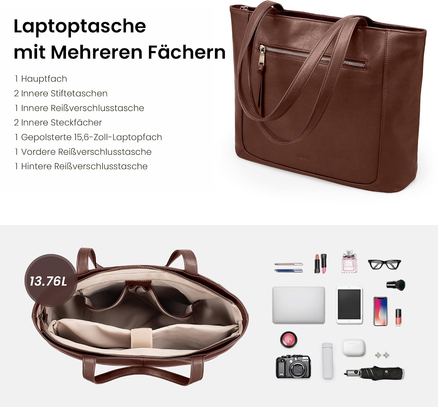 befen Genuine Leather Handbag, Women's Large Shopper Bag with 15.6 Inch Laptop Compartment, Leather Tote Bag, Briefcase, Teacher Bag with Laptop Compartment, Fashion Shoulder Bag for Business, Office – Bild 4