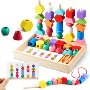 Montessori Toy from 3 4 5 Years Motor Skills Toy Threading Game Building Blocks Sorting Game for Children, Wooden Stacking Game Fine Motor Skills Educational Games Gift for Baby Boy Girl (with Storage Box)