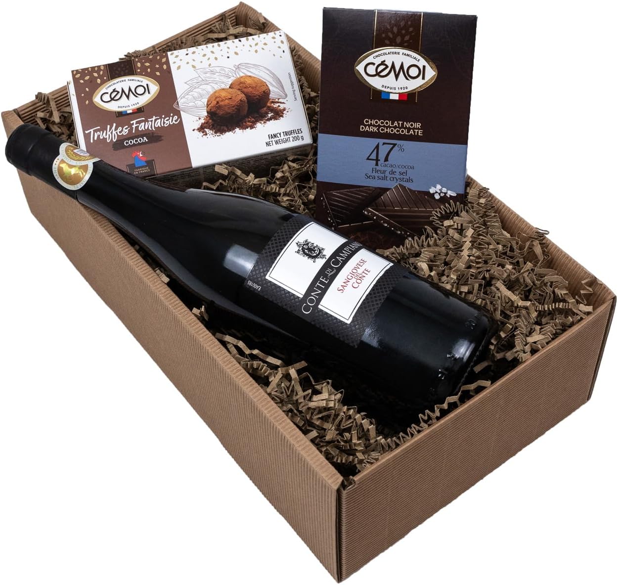 The Wine Guys Gift Basket "Gaumenfreude" Italian Red Wine Sangiovese and French Chocolate Truffles and Milk Chocolate as Gift Set